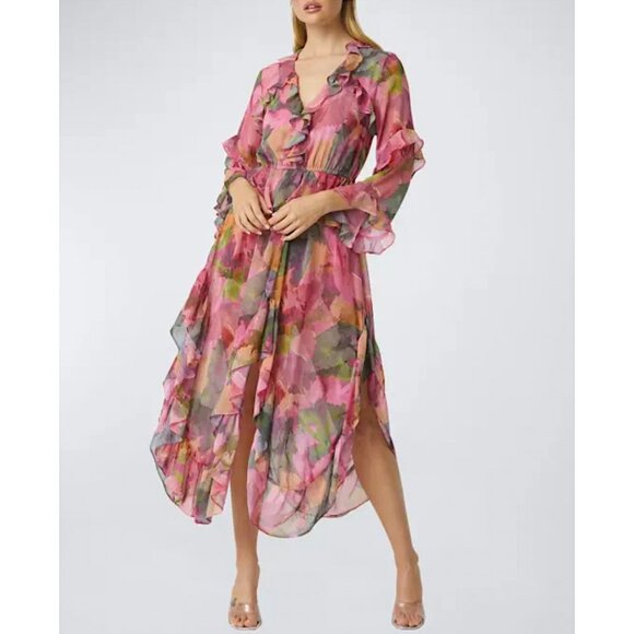 MISA LOS ANGELES Karina Floral Chiffon Ruffle Tier Peplum Midi Dress Watermelon - Picture 1 of 13